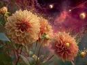 Schilderij van zachtgele dahlia's met planeten in een sterrenhemel