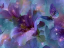 Schilderij van paarsroze hibiscusbloemen met vlinders tegen een sterrenhemel