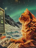 Surrealistisch schilderij van kat met zonnebril bij retro controlepaneel
