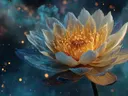 Schilderij van een gouden lotusbloem tegen een kosmische sterrennevel.