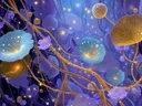 Schilderij van kosmische lotusbloemen tegen een sterrenhemel