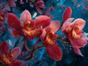 Schilderij van rode orchideeën tegen een sterrenhemel met glinsterende deeltjes