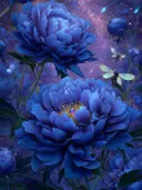 Schilderij van blauwe pioenrozen in een kosmische sterrenhemel met fantasiewezens