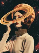 Surrealistisch schilderij van vrouw met saturnus als hoofdtooi