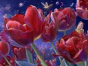 Schilderij van reusachtige rode tulpen tegen een kosmische sterrenhemel met planeten en vlinders