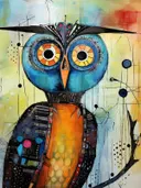 Kleurrijk schilderij van een uil met grote blauwe ogen en oranje borst