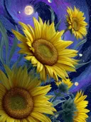 Schilderij van zonnebloemen onder een kosmische hemel met manen en planeten