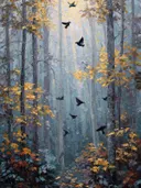 Schilderij van een groep vliegende kraaien in een mistig herfstbos