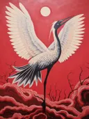 Kraanvogel met opgeheven vleugels tegen een rode lucht met volle maan