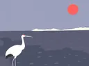 Illustratie van een witte kraanvogel bij het water tijdens zonsondergang.