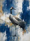 Schilderij: kraanvogel half opgelost in delftsblauw