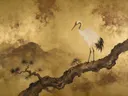 Kraanvogel in diep goud en brons, schilderij van een kraanvogel, oosterse stijl