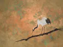 Schilderij van een kraanvogel, oosterse stijl in koper en turkoois