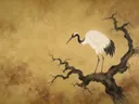 Schilderij van een kraanvogel, oosterse stijl in mosterdgeel