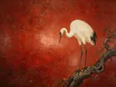 Schilderij van een kraanvogel, oosterse stijl in vermiljoenrood
