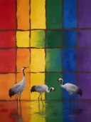 Schilderij van kraanvogels in alle kleuren van de regenboog