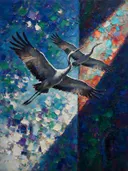 Kraanvogels in de lucht, schilderij van kraanvogels