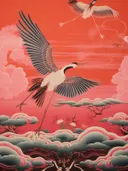 Twee kraanvogels vliegend tegen een rode lucht