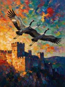Kraanvogels in diep de lucht, schilderij van kraanvogels