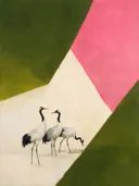 Schilderij van kraanvogels in olijf en roze, in vlakke kleurvlakken