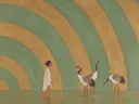Schilderij van kraanvogels in salie en oker