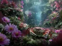Schilderij van een krab tussen roze pioenrozen onder water