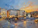 Krakau, Rynek in avondlicht 2, schilderij van Krakau