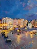 Krakau, Rynek in avondlicht, schilderij van Krakau