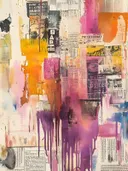 Abstract collageschilderij met krantenknipsels en kleurrijke verfdrips
