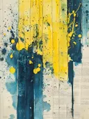 Collage schilderij met gele en marineblauwe verticale kleurbanen op krantenpapier