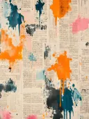Collage schilderij van krantenpapier met oranje verfspetters en blauwe accenten