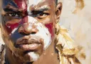 Close-up schilderij van een krijger met rode en witte gezichtsbeschildering