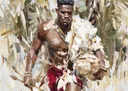 Schilderij van een Afrikaanse krijger met speer tussen droge rietstengels