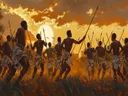 Groep krijgers met speren bij zonsondergang