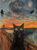 Schilderij van een zwarte kat onder een wervelende sterrenhemel