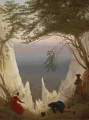 Krijtrotsen op Rugen van Caspar David Friedrich: zee met krijtrotsen, zee, bomen en figuren, in wit met groen en blauw
