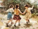 Schilderij van dansende meisjes in een tuin