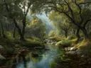 Schilderij van een heldere beek door een rotsachtig bos