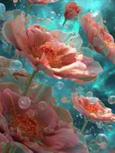 Schilderij van doorschijnende bloemen met bellen in een onderwaterwereld