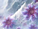 Schilderij van paarse kristallen bloemen met sneeuwvlokken voor een berglandschap