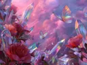 Schilderij van kristallen en rode pioenrozen met vlinders bij zonsondergang