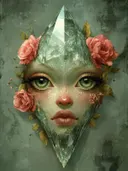 Surrealistisch gezicht van kristal met groene ogen, omringd door roze rozen