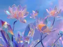 Schilderij van doorschijnende kristallen lotusbloemen tegen een blauwe lucht