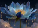 Schilderij van een kristallen blauwwitte lotusbloem met gouden hart.
