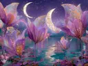 Schilderij van kristallen lotusbloemen op water onder twee manen