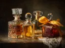 Schilderij van kristallen parfumflessen met een gouden lint