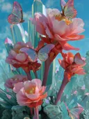 Schilderij van koraalkleurige pioenrozen tussen kristallen met vlinders