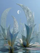 Schilderij van kristallen sikkelvormige bloemen in een maanverlicht waterlandschap
