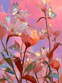 Schilderij van kristallen tulpen bij een roze zonsondergang met vlinders