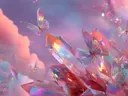 Schilderij van iriserende kristallen en vlinders in een roze wolkenlucht